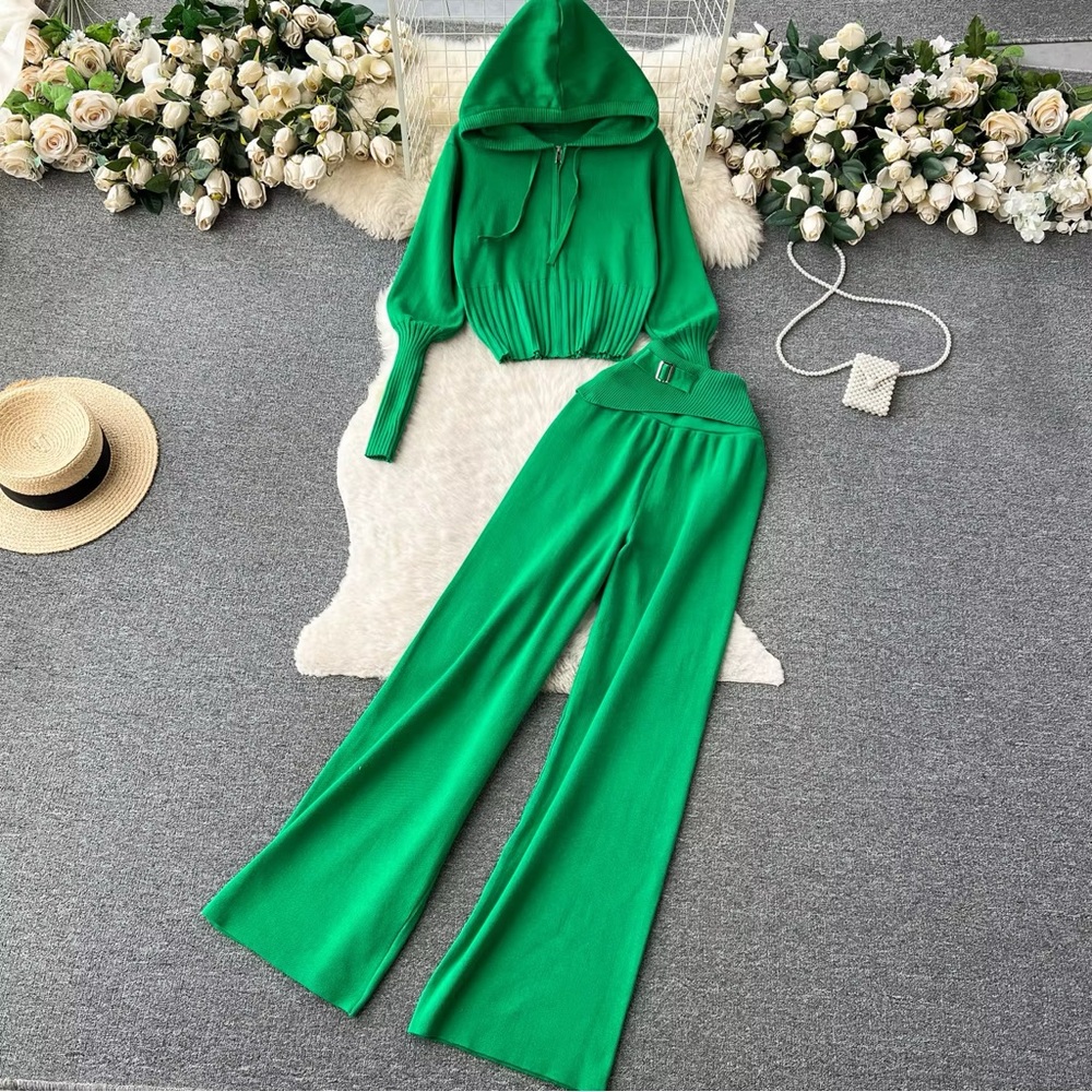 Elegant Green Women's Wide Leg Set